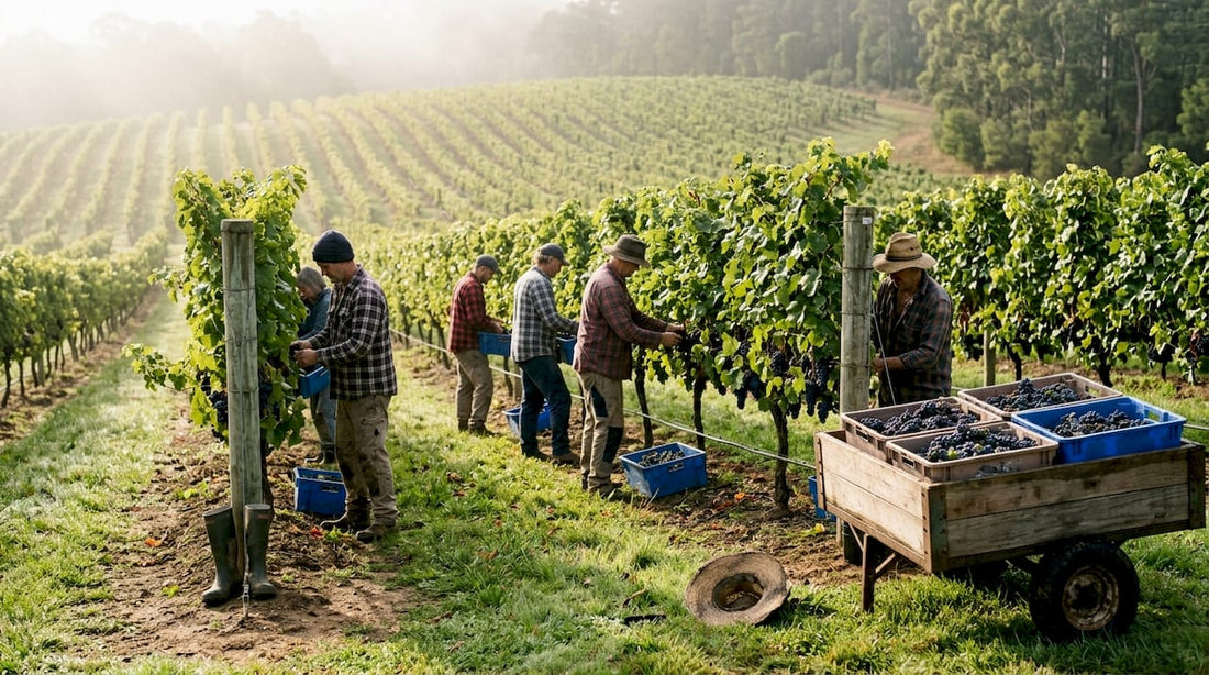 Vineyard workers harvesting grapes in autumn