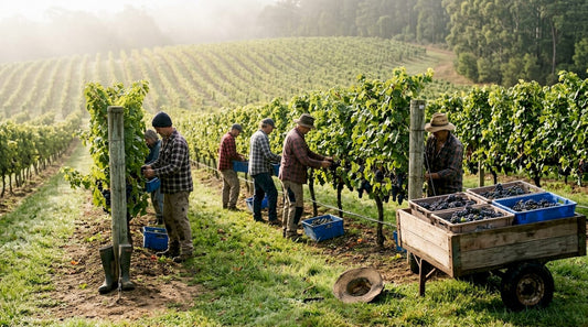 Vineyard workers harvesting grapes in autumn