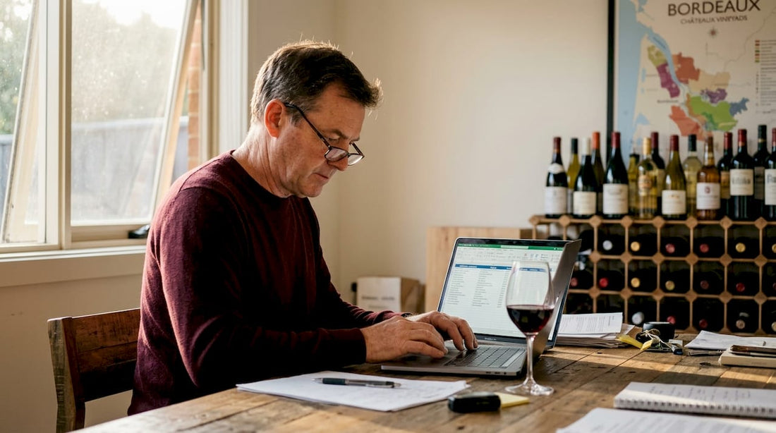 Wine collector analyzing investments at home desk