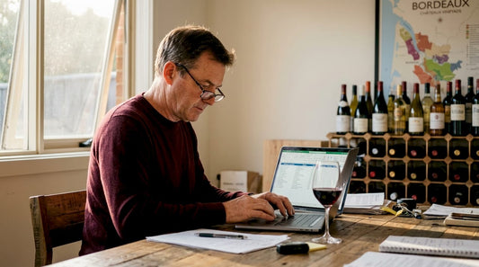 Wine collector analyzing investments at home desk