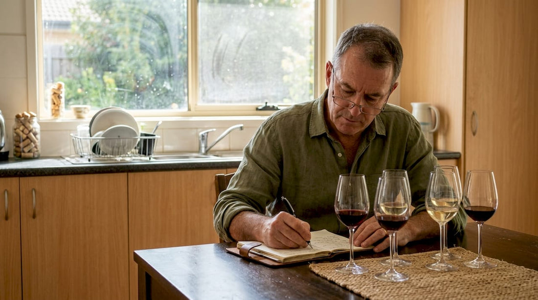 Wine critic evaluating multiple wines at table