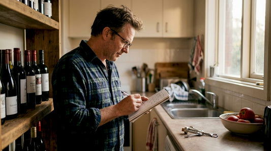 Man reviewing wine bottles in kitchen collection