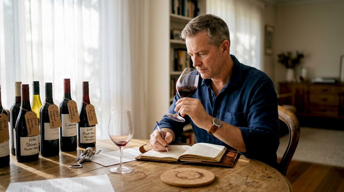 Wine critic tasting with notes at table