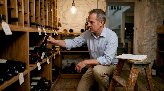 Wine collector organizes bottles in home cellar
