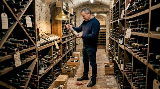 Wine enthusiast inspecting cellar-aged bottles
