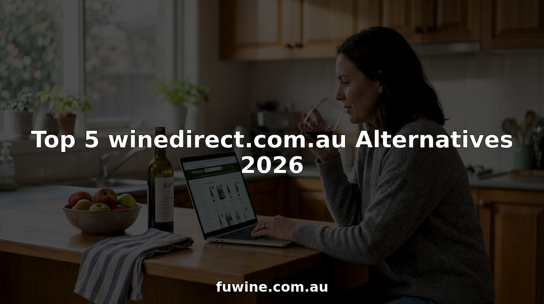 Woman shopping for wine online in kitchen
