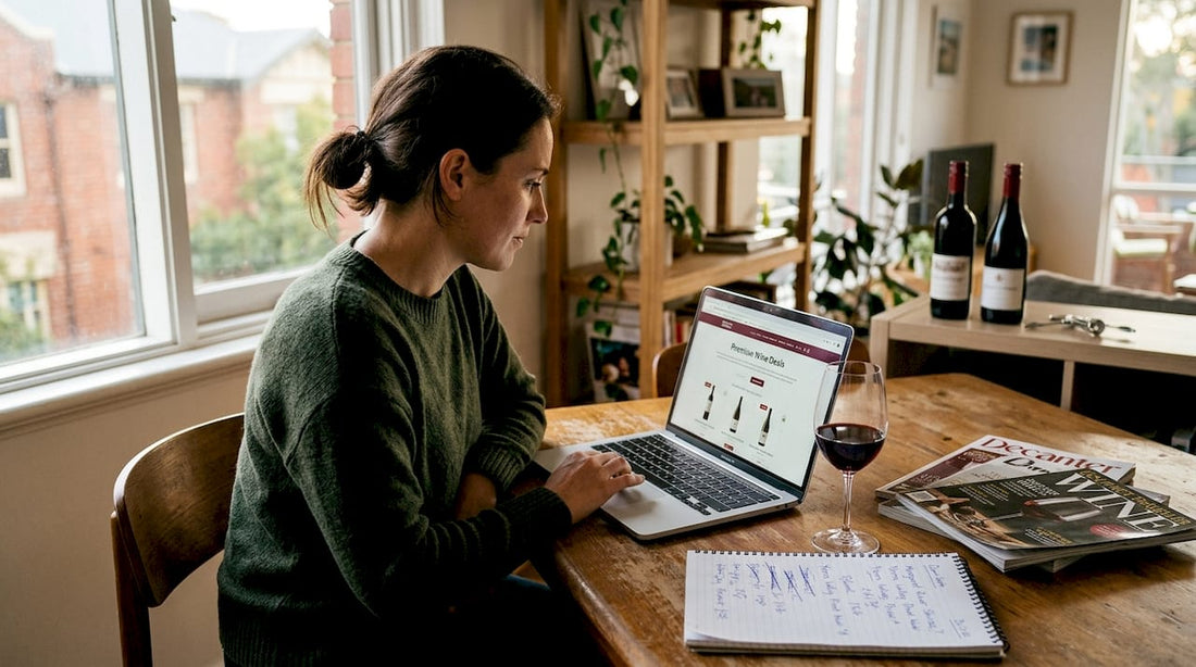 Woman shopping for wine deals on laptop
