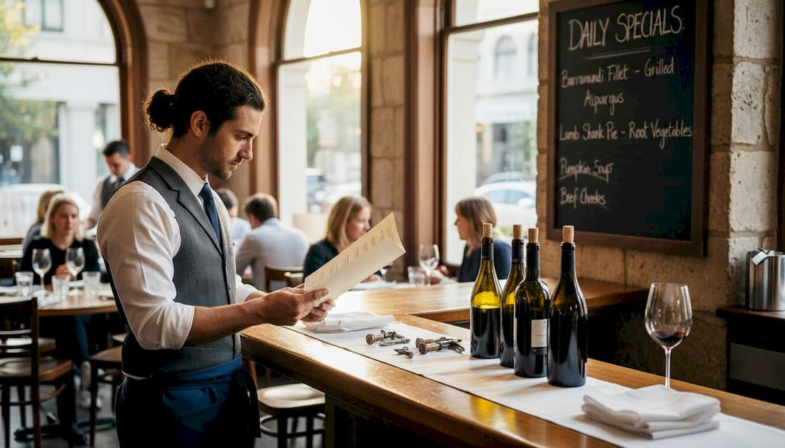 Restaurant manager selects wine at bar counter