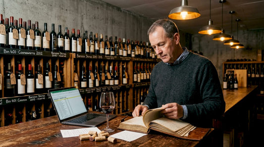 Wine curator checking inventory in cellar office