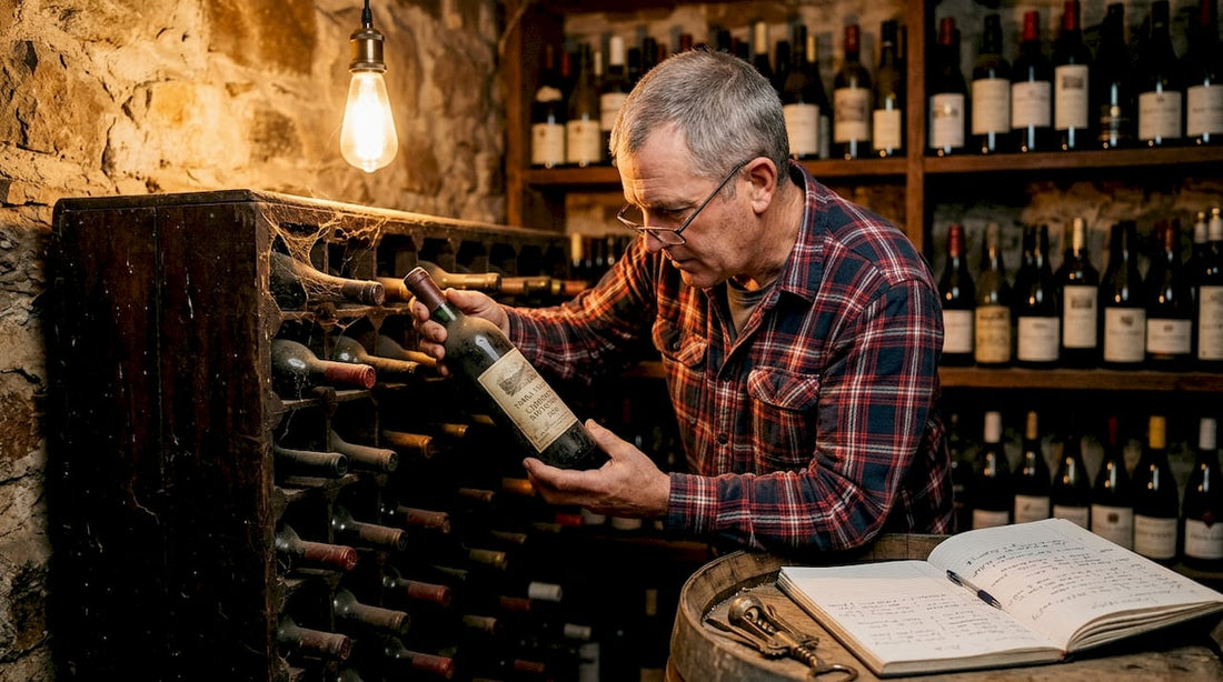 Wine collector checking vintage bottle in cellar