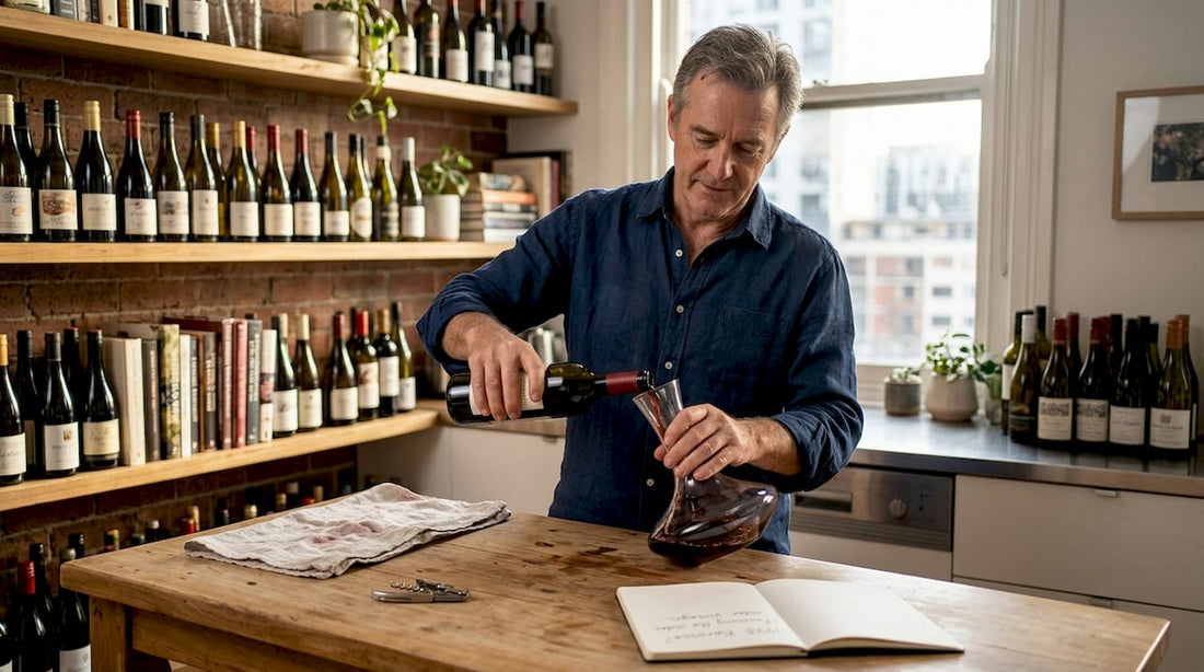 Wine collector decanting bottle in home kitchen