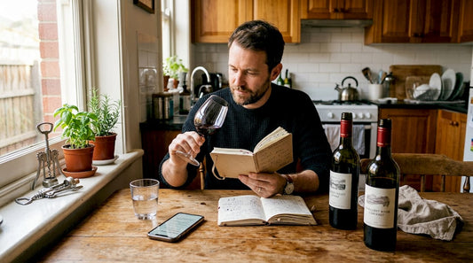 Person tasting wine with notes at kitchen table