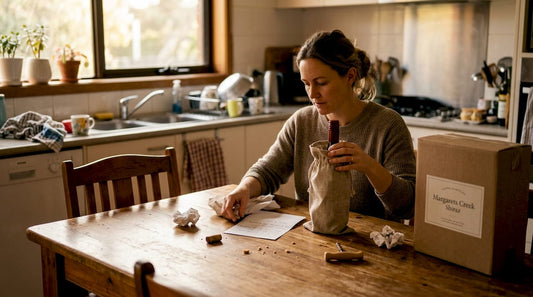 Woman wrapping wine for gifting in kitchen