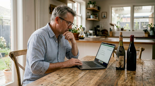 Wine collector reviewing bottles and laptop notes