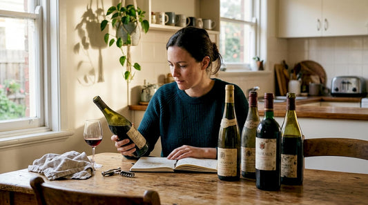 Woman studying rare wine bottles at home table