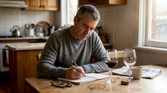 Wine critic writing notes in kitchen scene