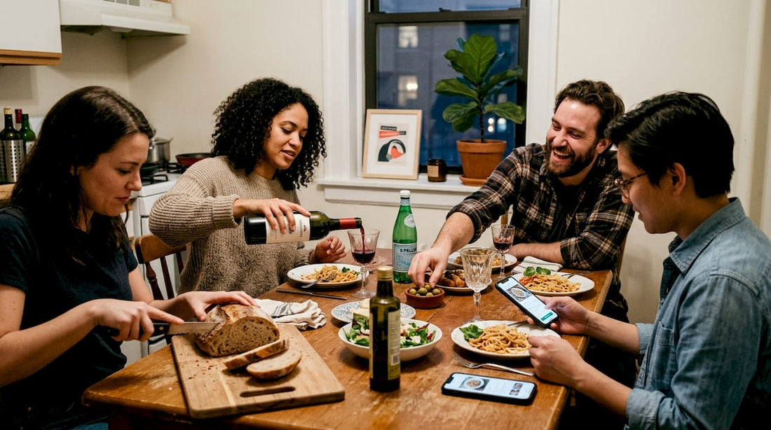 Friends preparing wine at kitchen table