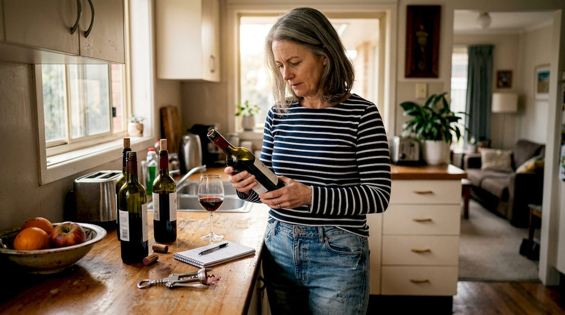 Woman reading wine label in home kitchen