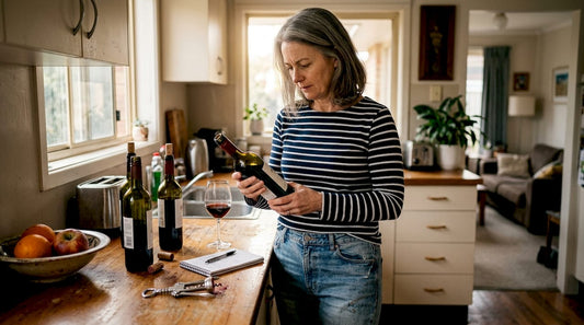 Woman reading wine label in home kitchen
