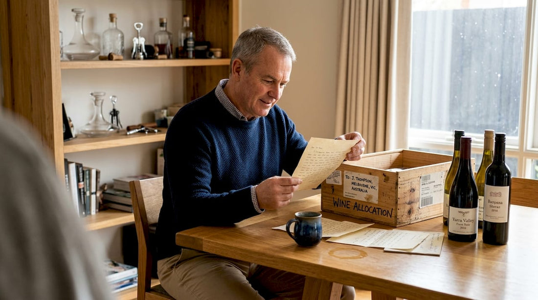 Wine collector examines bottles and allocation papers
