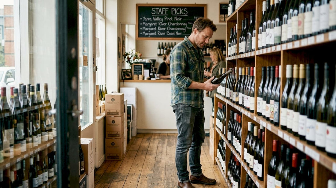 Shopper browsing wine in cozy neighborhood store