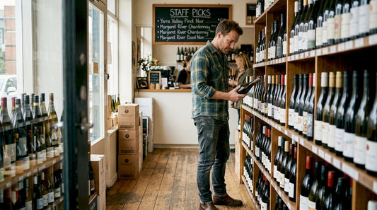Shopper browsing wine in cozy neighborhood store