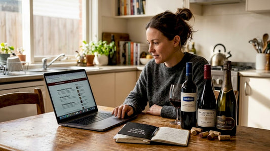 Browsing wine selection at kitchen table