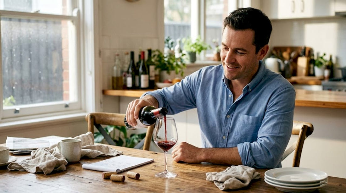 Person pours wine at kitchen table for tasting