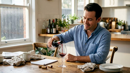 Person pours wine at kitchen table for tasting