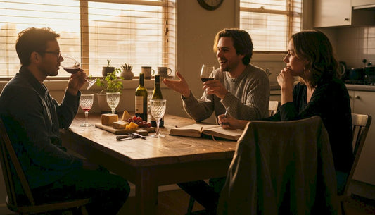Friends tasting wine at cozy kitchen table