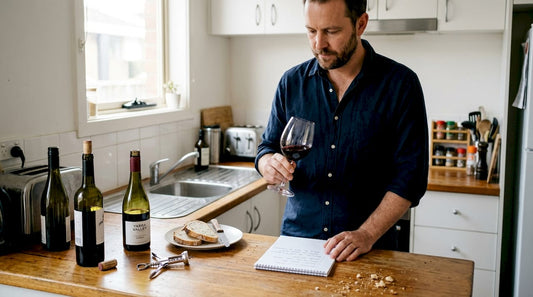 Man tasting wine in sunlit home kitchen