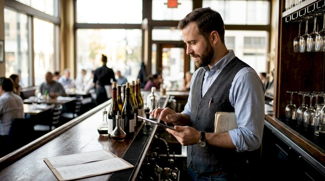 Sommelier updating wine list at restaurant bar