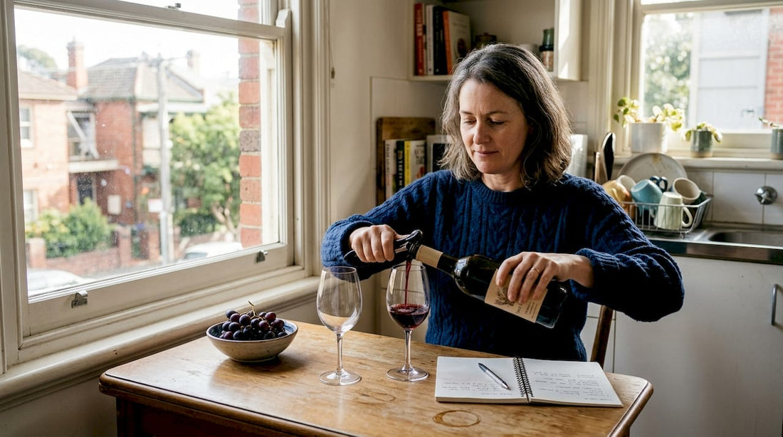 Woman tasting boutique wine at kitchen table