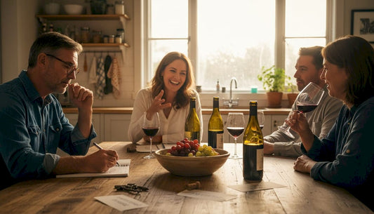 Wine tasting group talks around home table