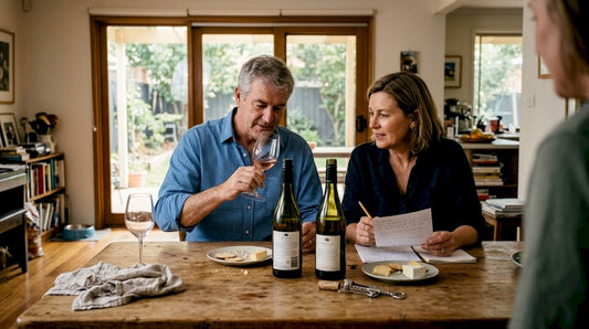 Australian couple tasting wine at home table