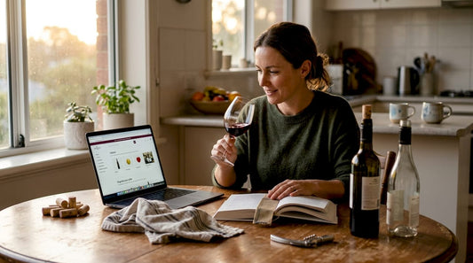 Woman reading wine guide at kitchen table