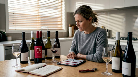 Woman comparing wine shop alternatives at kitchen table