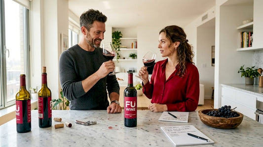 Two people tasting wine at home kitchen island