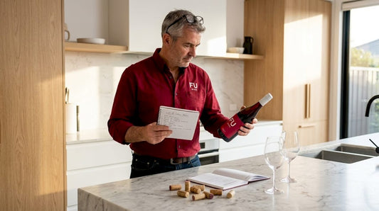 Wine collector reviews bottles in kitchen