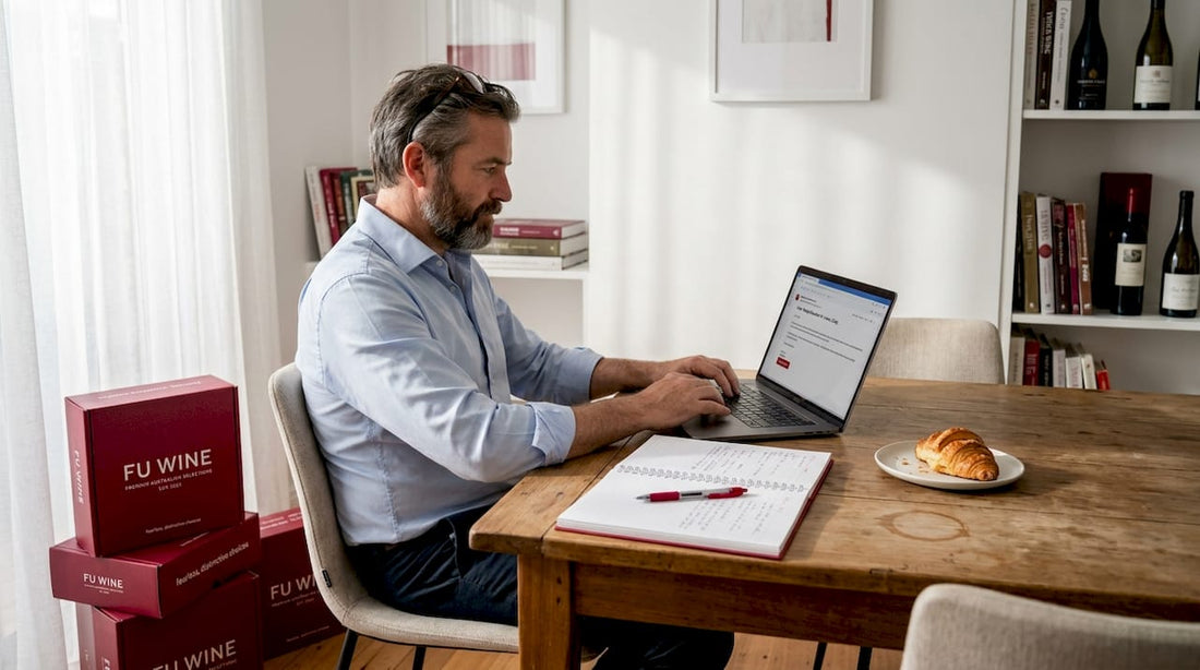Sommelier sourcing wines in home office
