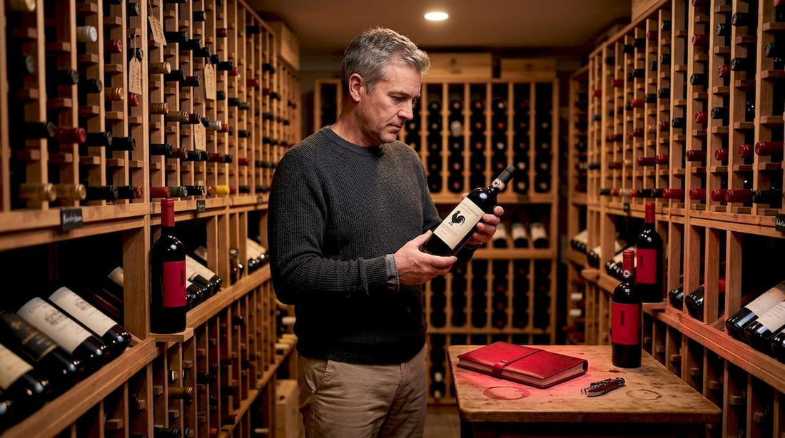 Collector inspecting wine bottle in cellar