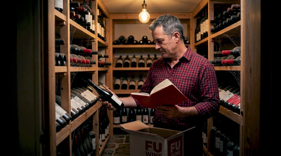 Wine collector browsing bottles in home cellar