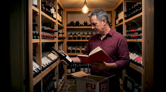 Wine collector browsing bottles in home cellar