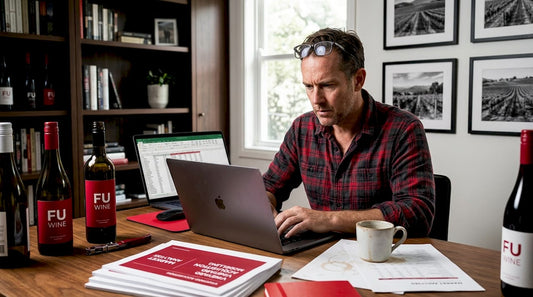 Wine analyst reviews price reports in home office