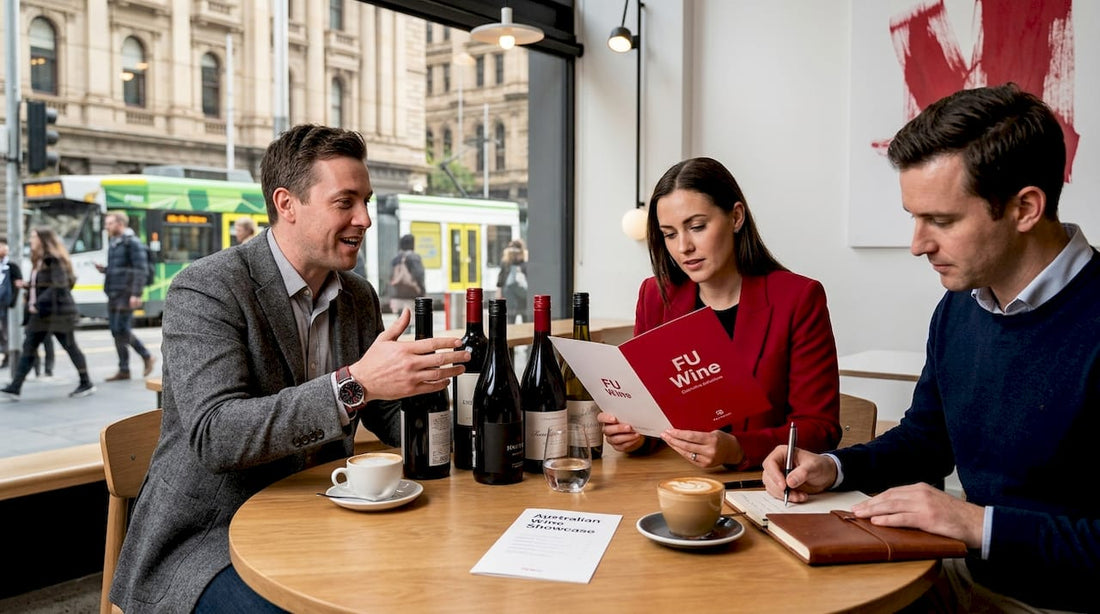 Executives reviewing wine list around boardroom table