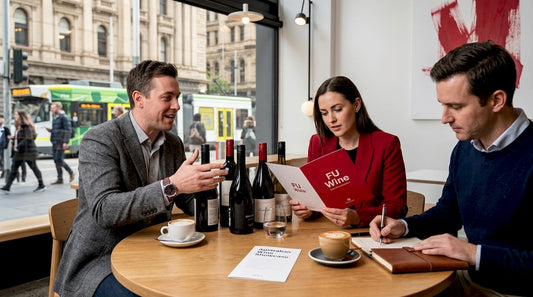 Executives reviewing wine list around boardroom table