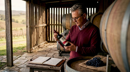 Wine collector examining bottles in cellar