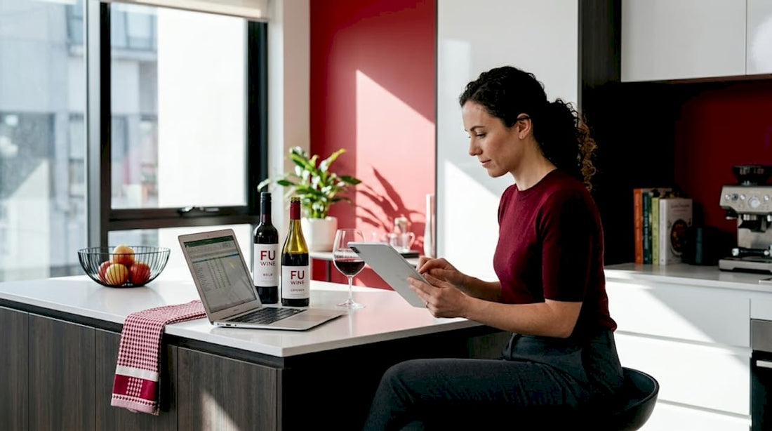 Person comparing wine apps at kitchen table
