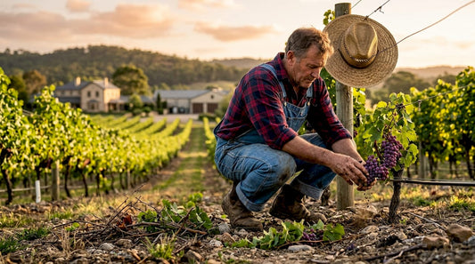 Worker examining grapes in sunrise vineyard