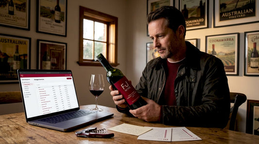 Wine collector examining a bottle at home desk